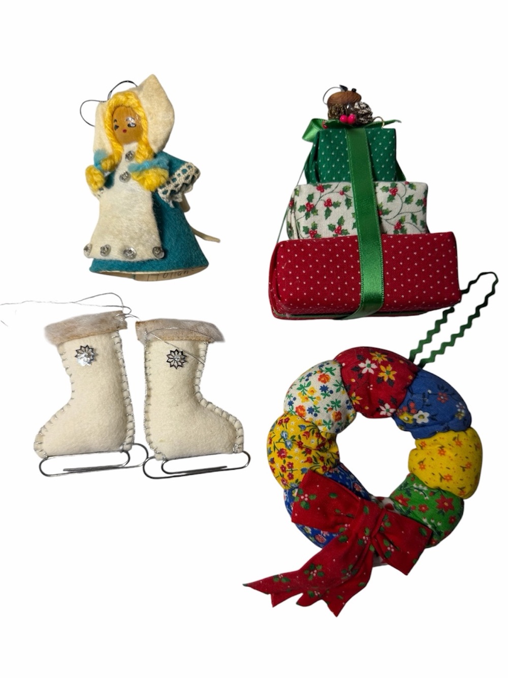 Vintage Handmade Christmas Ornaments Lot of 4 Felt Calico Patchwork 70s 80s